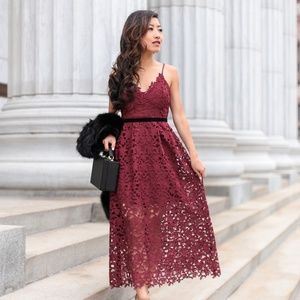 ExtraPetite.com Burgundy Midi Lace Dress, Holiday